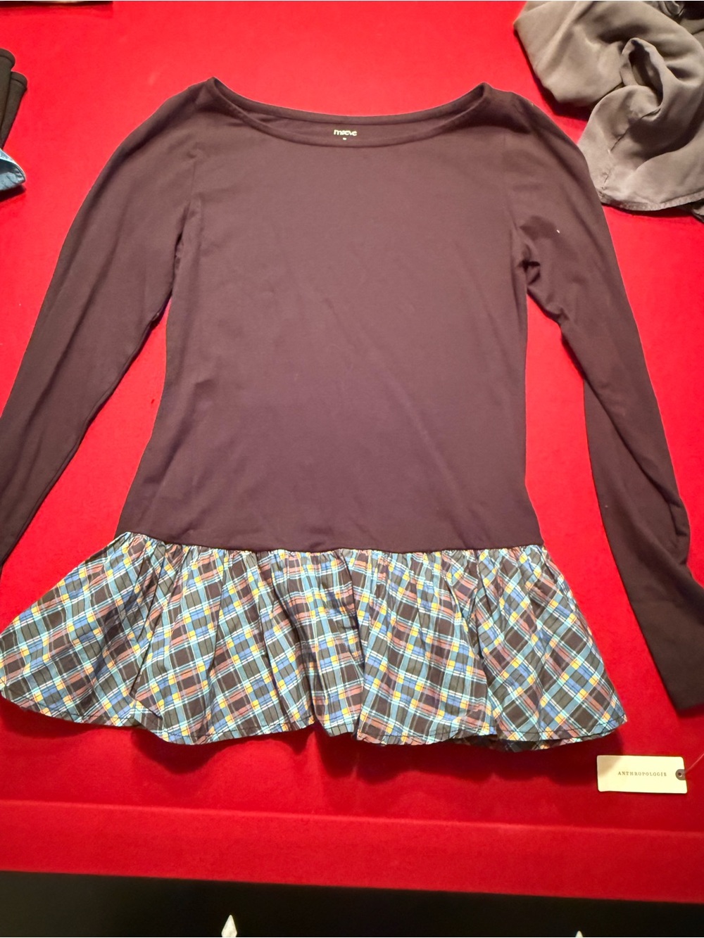Maeve Black Long-Sleeve Peplum Top with Blue Plaid Hem